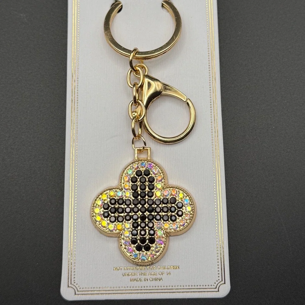 Gold Tone Rhinestone Clover Keychain Bag Charm Black‎ and Iridescent Crystals